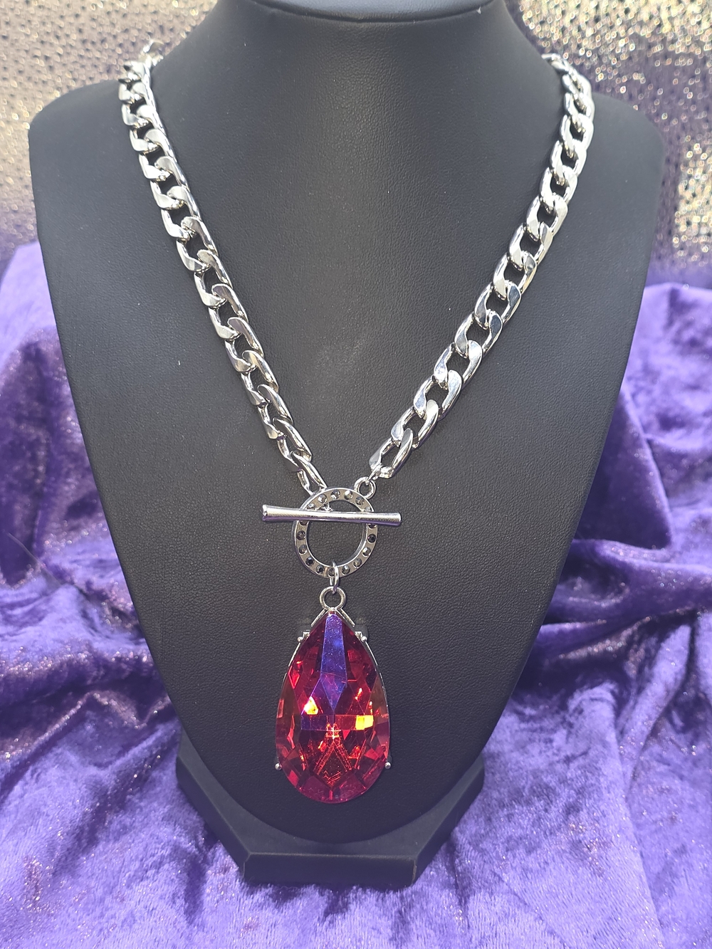 Silver Chain Necklace with Red Teardrop Crystal Pendant